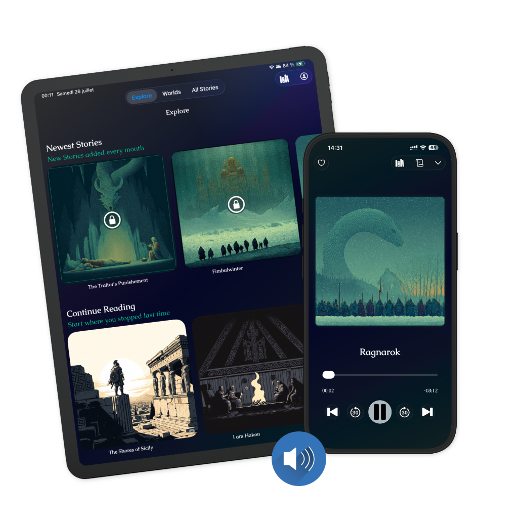 A view of the iOS app on both iPad and iPhone. The iPad view shoes the home page of the app with the newest stories published an Screenshots of the Saga iOS app. The iPad displays the home screen with new articles, while the iPhone displays the audio player interface for a Ragnarok episode.