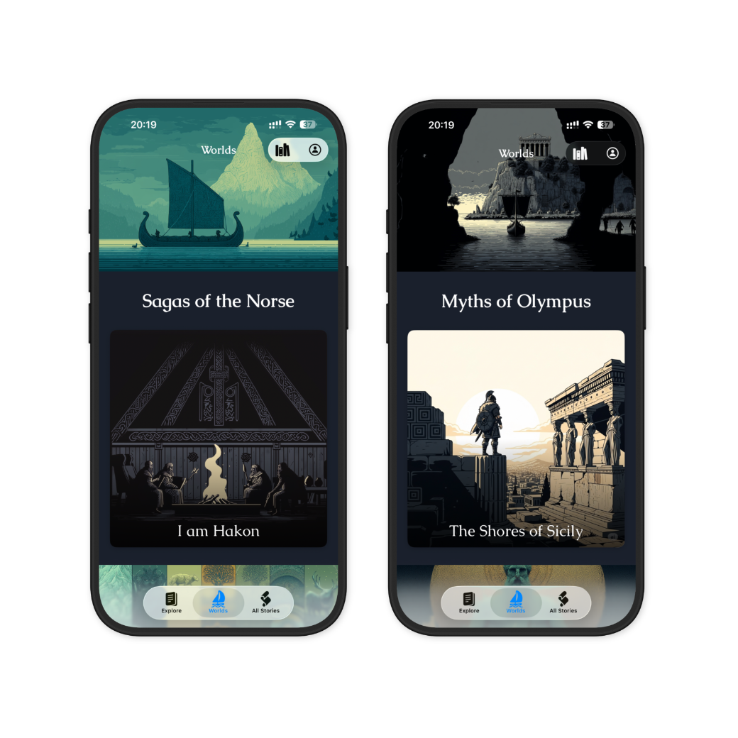 Browse mythology categories in the Saga app. The left screenshot shows the Norse Mythology page with a prologue episode and artwork. The right screenshot shows the Greek Mythology page.