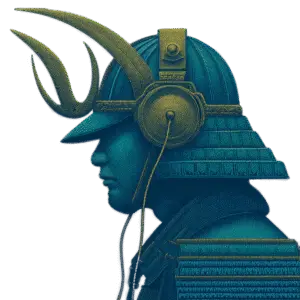 Side view of a samurai warrior wearing traditional armor and elaborate antlered helmet, listening to mythological legends through modern headphones.