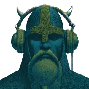 Front view of a Viking man wearing horned headphones, listening to mythological legends, combining Norse heritage with modern technology