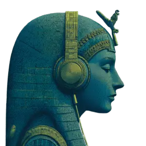 Profile of an ancient Egyptian queen or goddess wearing ornate headdress and large headphones, listening to mythological legends, blending history with modern technology