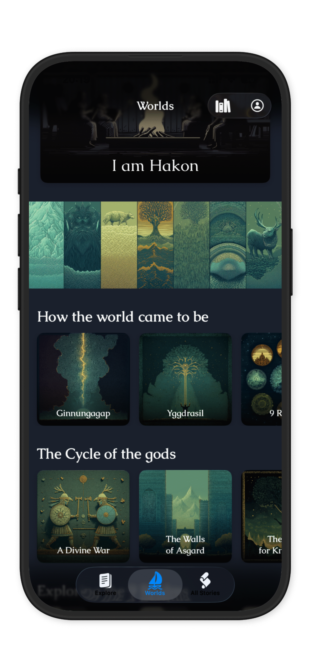 Screenshot of a mobile app named Saga, displaying Norse mythology stories. The visible section shows stylized illustrations for 'How the world came to be' and 'The Cycle of the gods,' including Ginnungagap, Yggdrasil, A Divine War, and The Walls of Asgard.