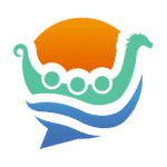 Icon depicting a stylized Viking ship with a dragon-headed prow, sailing on blue waves beneath an orange sun, designed with bold, modern colors and rounded corners.
