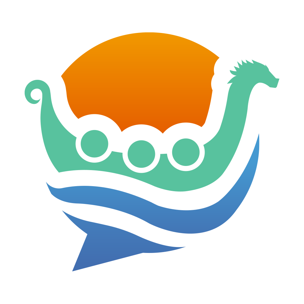 Icon depicting a stylized Viking ship with a dragon-headed prow, sailing on blue waves beneath an orange sun, designed with bold, modern colors and rounded corners.