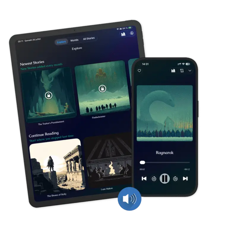 Tablet and smartphone side by side displaying the 'Saga' mythology app. The tablet shows an explore page with illustrated story cards inspired by Norse mythology, while the phone displays an audio player screen for a story titled 'Ragnarok,' featuring an image of the Midgard Serpent (Jörmungandr) above a crowd at twilight.
