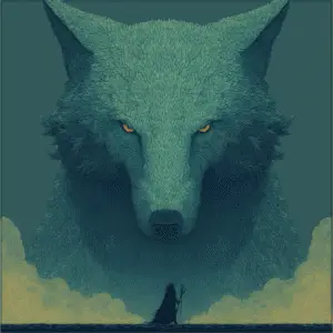 the norse God Loki in front of the giant wolf Fenrir