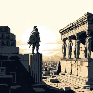 A man standing on a old Greek temple contemplating an Agora