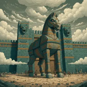 Scene of the Trojan Horse from Greek mythology—an enormous, ornately decorated wooden horse stands before the fortified gates and walls of a city, with soldiers walking nearby under dramatic, swirling clouds.