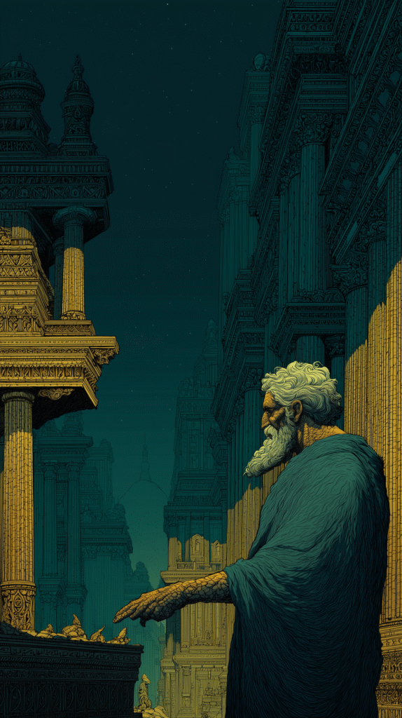 King Midas from Greek mythology, depicted in ancient Greek attire, reaching toward a pedestal in a grand, ornate city with classical columns, highlighting the mythical touch of gold.