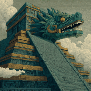 Aztec pyramid adorned with elaborate carvings and featuring an immense serpent head, representing Quetzalcoatl, the feathered serpent god from Mesoamerican mythology, with swirling clouds in the background.