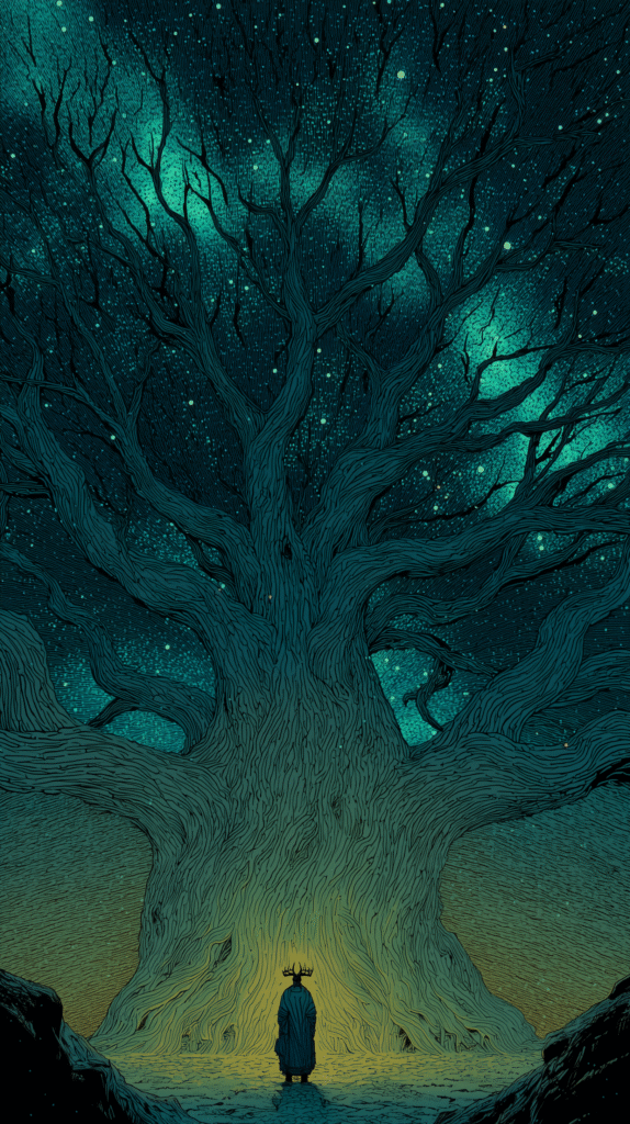 Odin from Norse mythology, seen from behind, standing before the immense world tree Yggdrasil under a starry night sky, symbolizing the creation of the cosmic tree