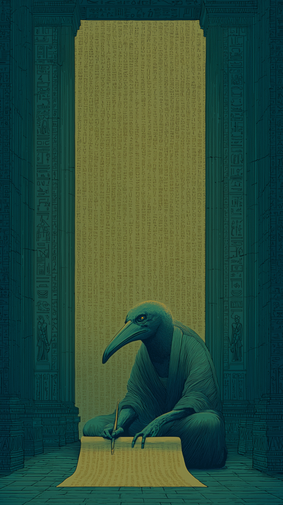 Illustration of the Egyptian god Thoth, depicted as a human figure with an ibis head, writing on a scroll in front of columns covered with hieroglyphs.