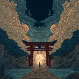 Japanese Torii gate at the entrance to a sacred valley, with dramatic swirling clouds and trees; in the distance, the goddess Amaterasu stands illuminated in a glowing light, evoking themes from Japanese mythology.