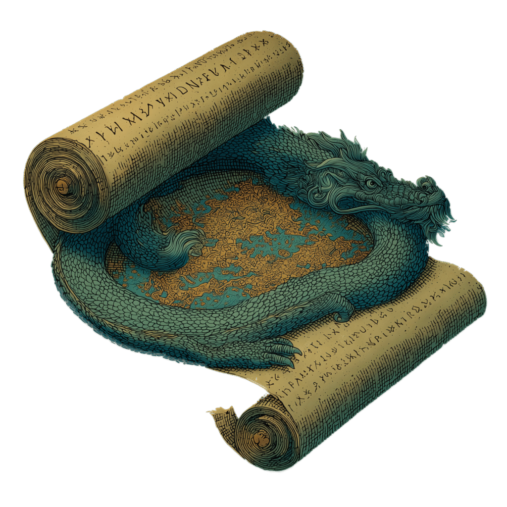 Ancient map illustrated on an unfurled scroll, wrapped protectively by Jörmungandr, the World Serpent of Norse mythology; the serpent encircles the scroll inscribed with runes, symbolizing how it surrounds Midgard in the myth
