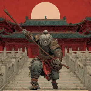 Sun Wukong, the Monkey King from Chinese mythology, stands in a dynamic pose wielding his staff on the steps of an ornate Chinese palace, with a large red sun setting in the background.
