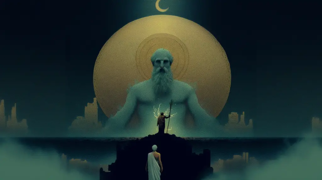 Mythological scene: Zeus, holding a lightning bolt, confronts the Titan Cronos on a misty platform, under a vast golden circle and crescent moon, symbolizing their legendary struggle for control of the Greek pantheon.