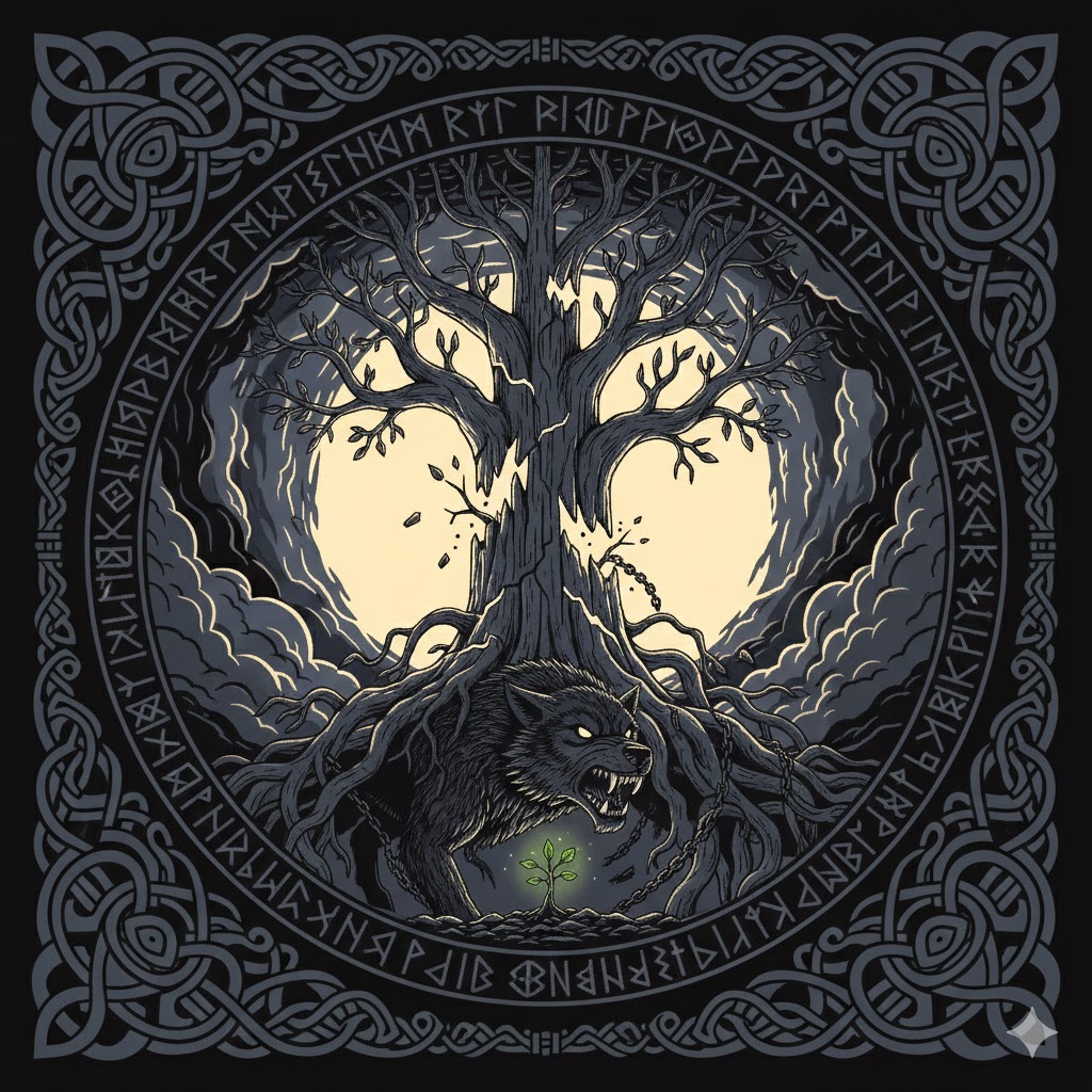 Fenrir wolf emerging from the underworld. Starting the Ragnarok