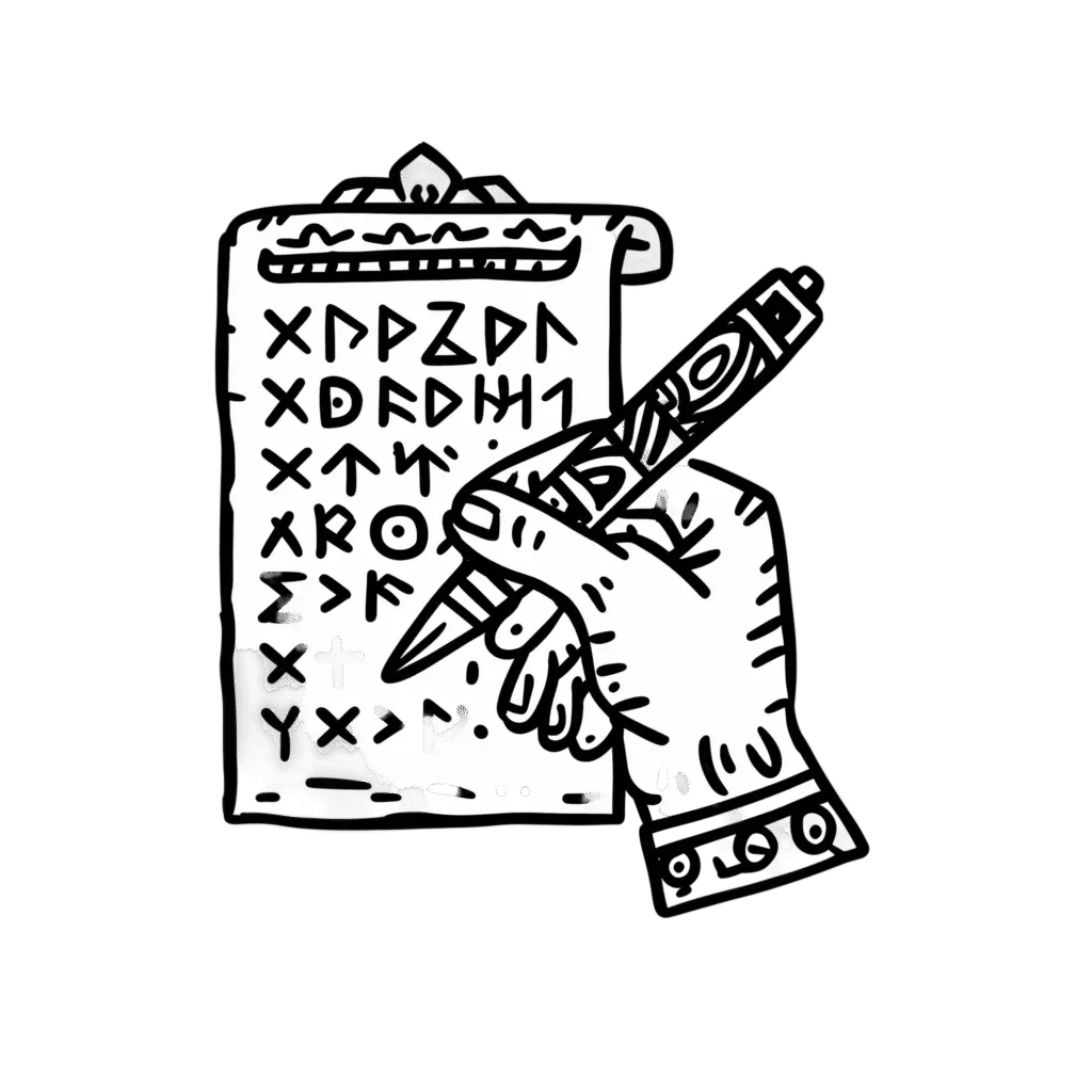 a hand writing an old manuscript in runic about old legends