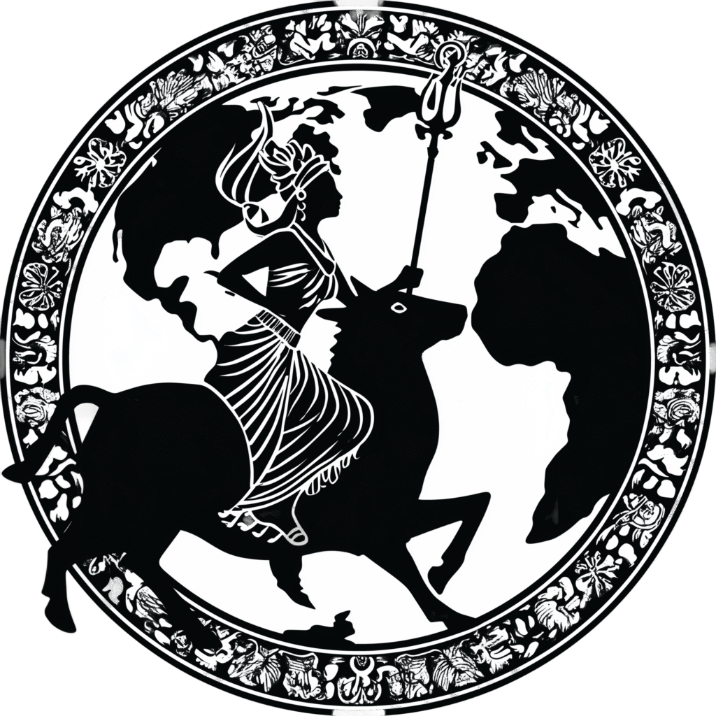 A representation of greek goddess Artemis traveling the world